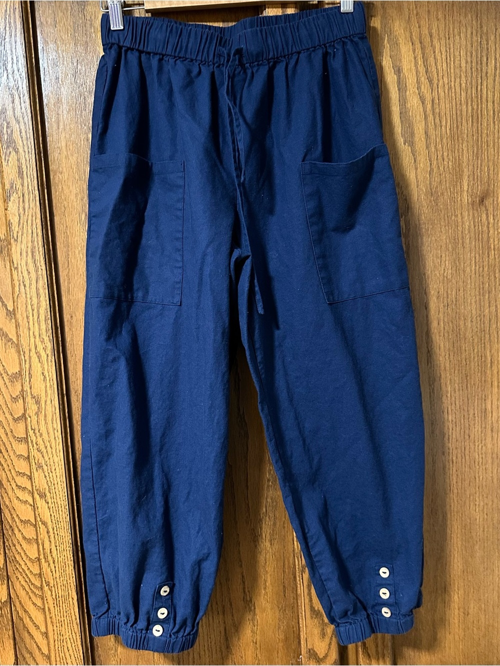 Lintico Linen Blend Navy Blue Elastic-Waist Ankle Pants with Button Cuffs Sz M